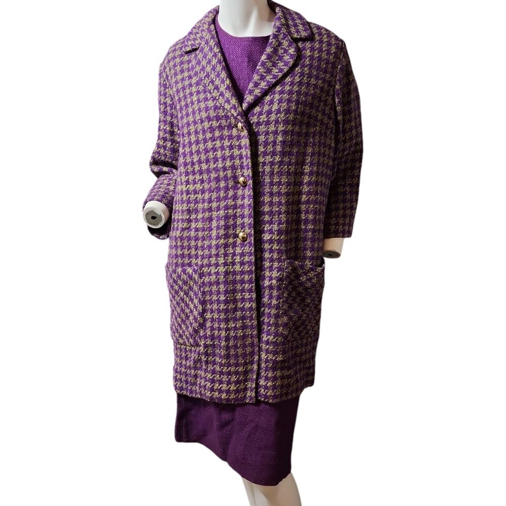 Vintage Late 1950's Bradley 3 Piece Wool Blend Houndstooth Coat Skirt Top Set